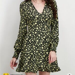 Miss selfridge V- Neck Floral Black and Yellow Dress women’s Size 10